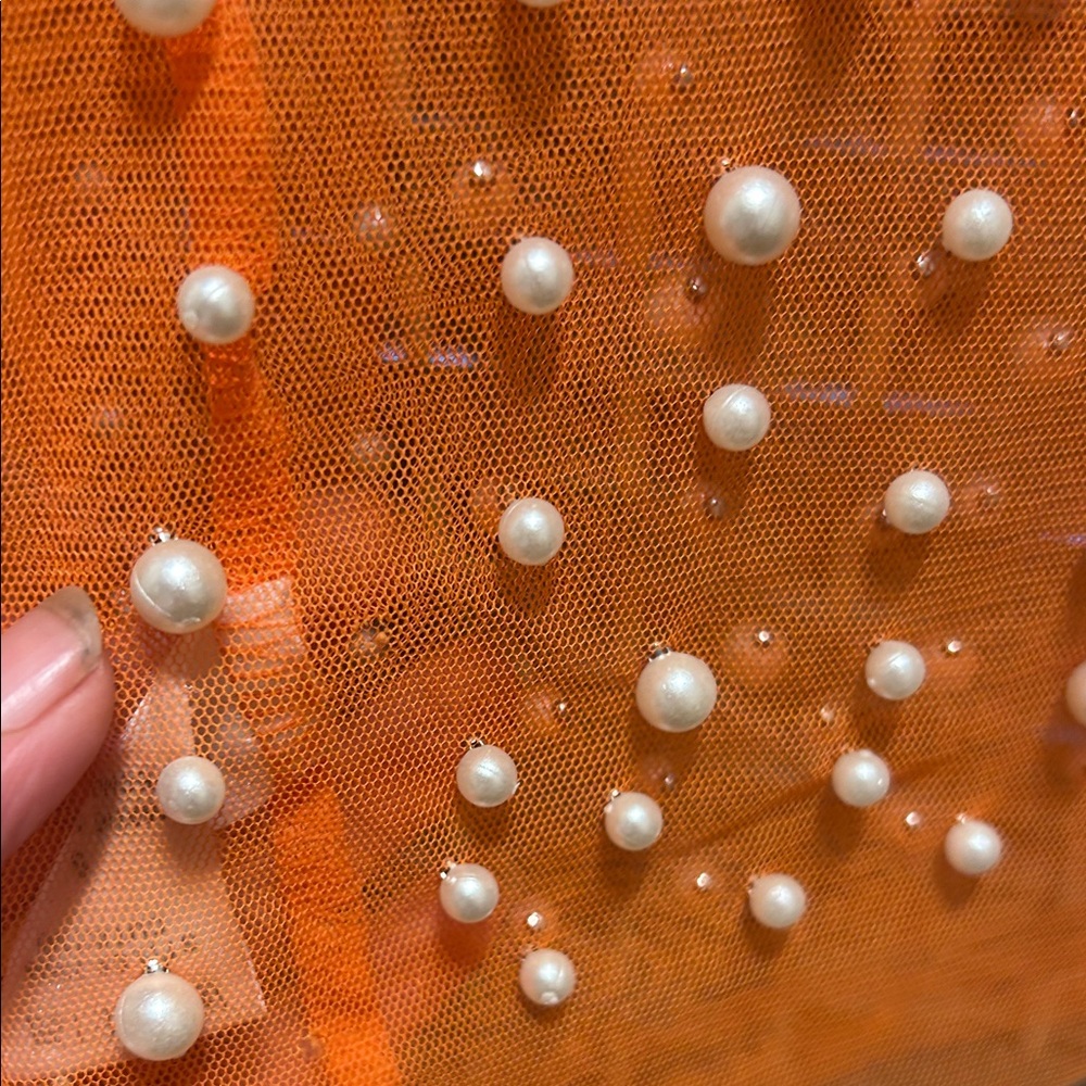TOP CHIC Orange Pearl-Embellished Sheer Long Sleeve Top - Picture 6 of 7